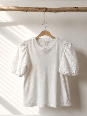 H&M Cotton Eyelet Puff Sleeve Tee - White